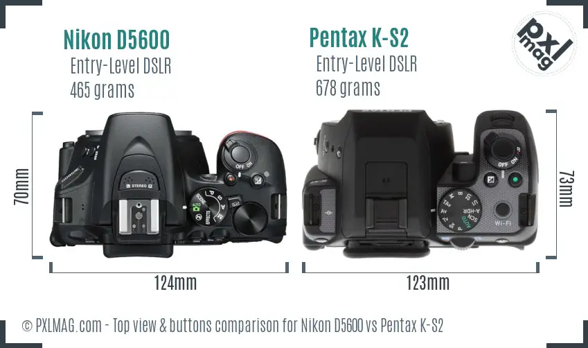 Nikon D5600 vs Pentax K-S2 top view buttons comparison