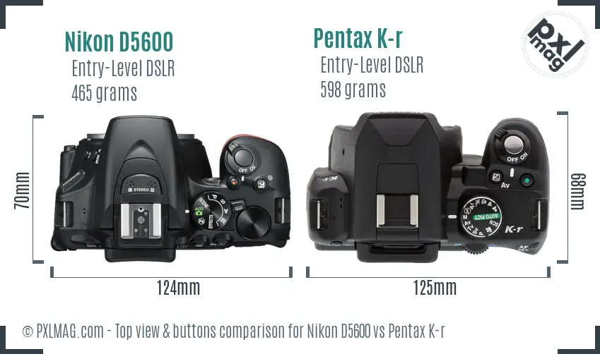 Nikon D5600 vs Pentax K-r top view buttons comparison