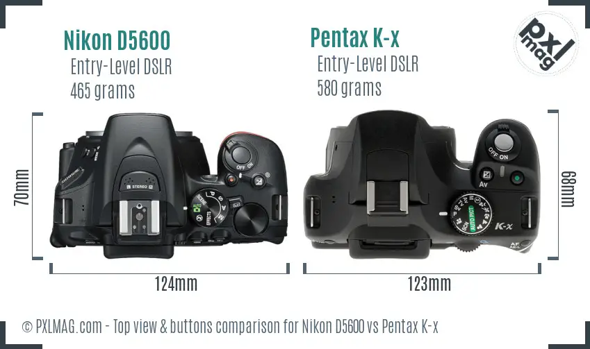Nikon D5600 vs Pentax K-x top view buttons comparison
