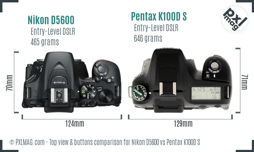 Nikon D5600 vs Pentax K100D S top view buttons comparison