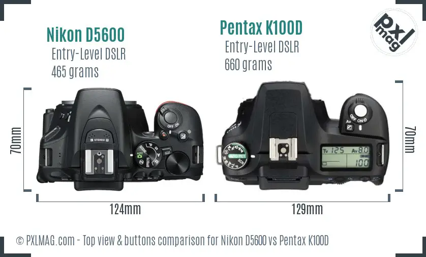 Nikon D5600 vs Pentax K100D top view buttons comparison