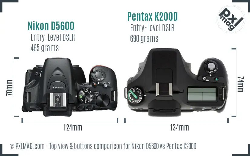 Nikon D5600 vs Pentax K200D top view buttons comparison