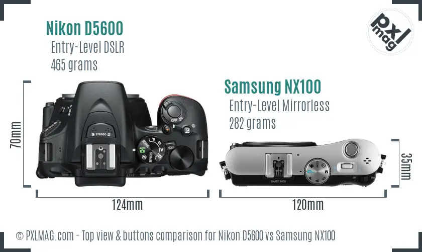 Nikon D5600 vs Samsung NX100 top view buttons comparison