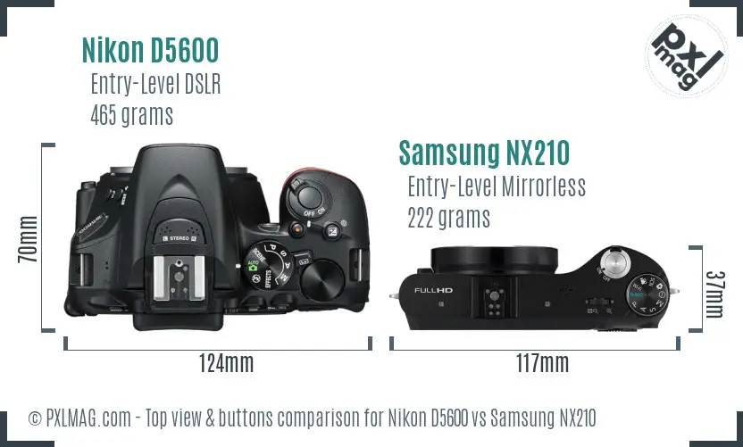Nikon D5600 vs Samsung NX210 top view buttons comparison