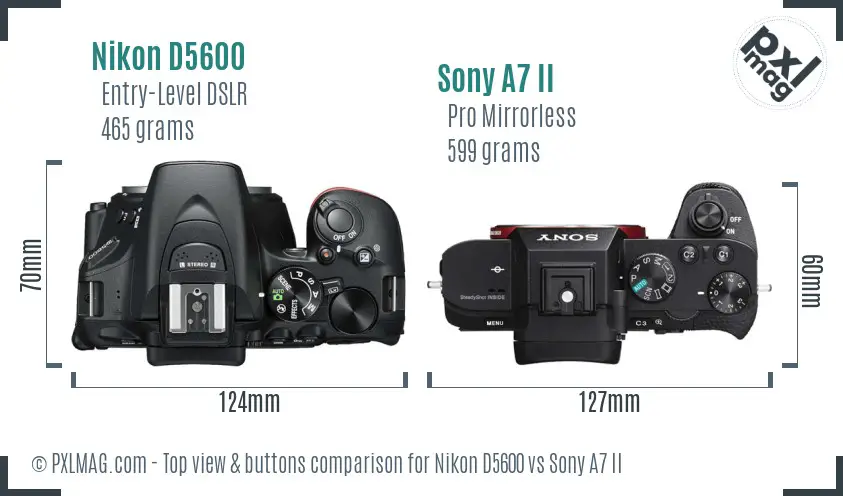 Nikon D5600 vs Sony A7 II top view buttons comparison