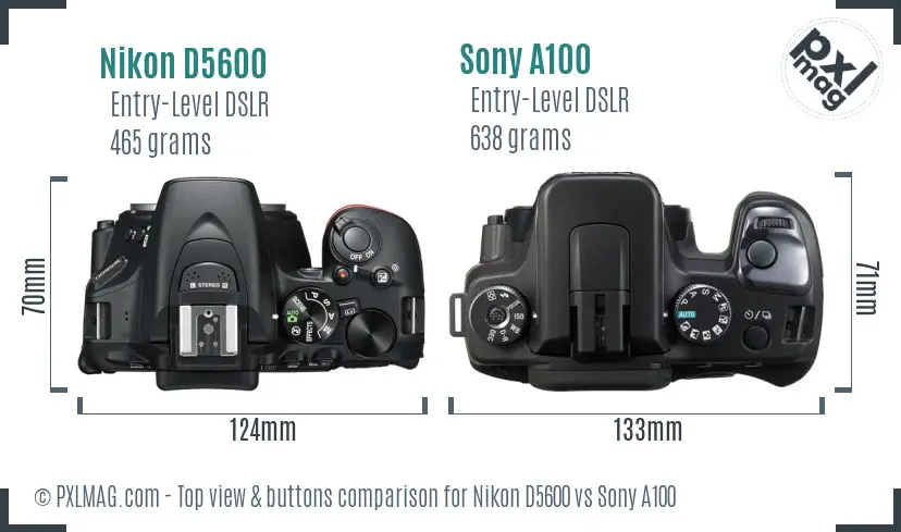 Nikon D5600 vs Sony A100 top view buttons comparison