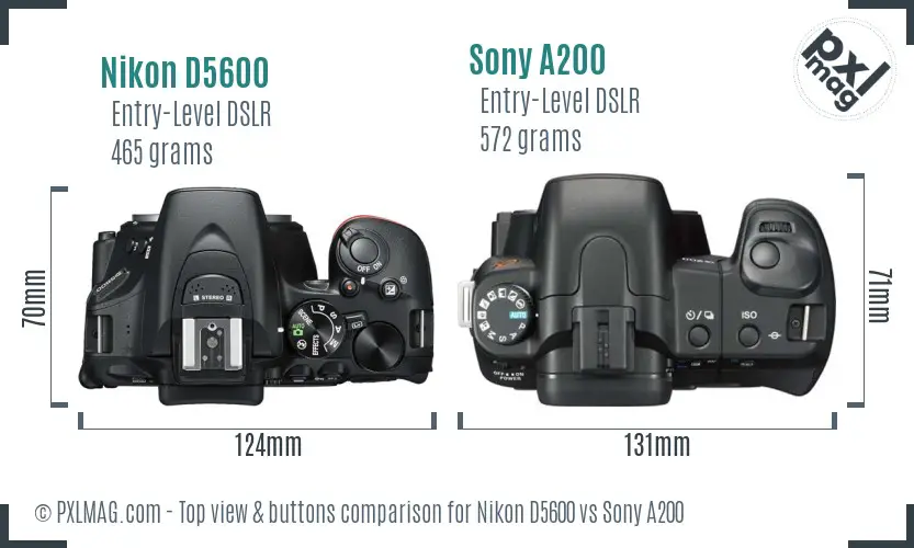 Nikon D5600 vs Sony A200 top view buttons comparison