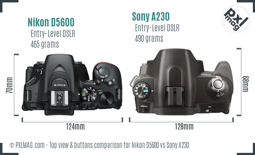 Nikon D5600 vs Sony A230 top view buttons comparison