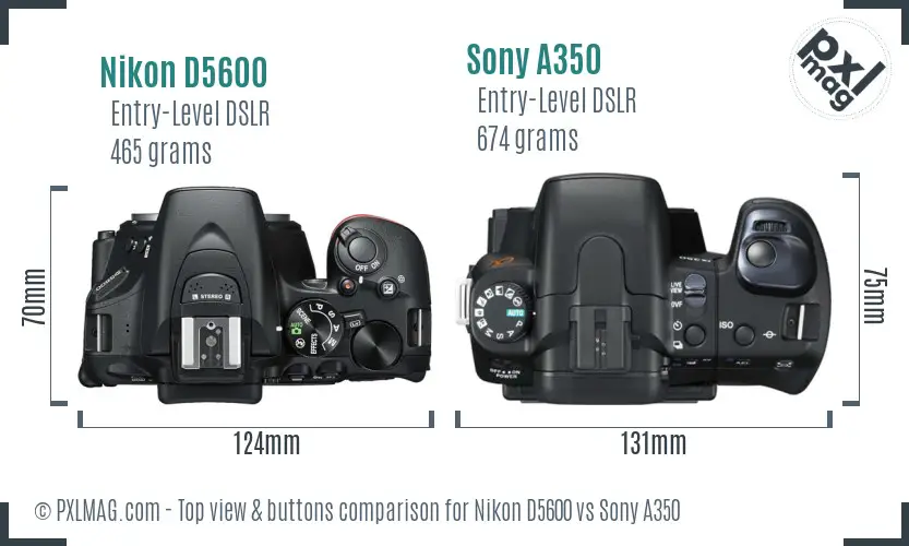 Nikon D5600 vs Sony A350 top view buttons comparison