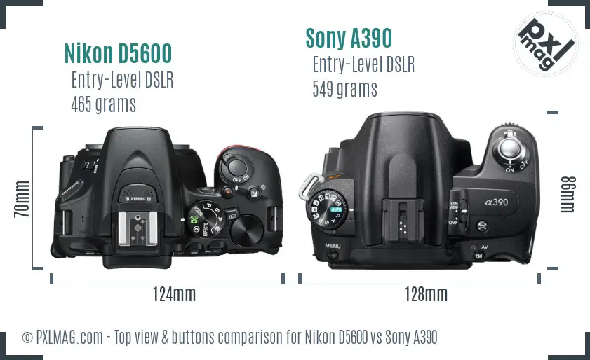 Nikon D5600 vs Sony A390 top view buttons comparison