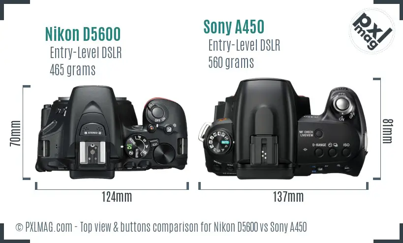 Nikon D5600 vs Sony A450 top view buttons comparison