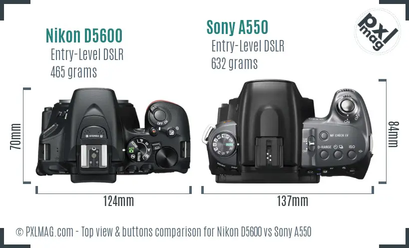 Nikon D5600 vs Sony A550 top view buttons comparison