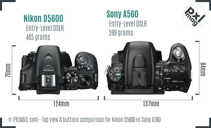 Nikon D5600 vs Sony A560 top view buttons comparison