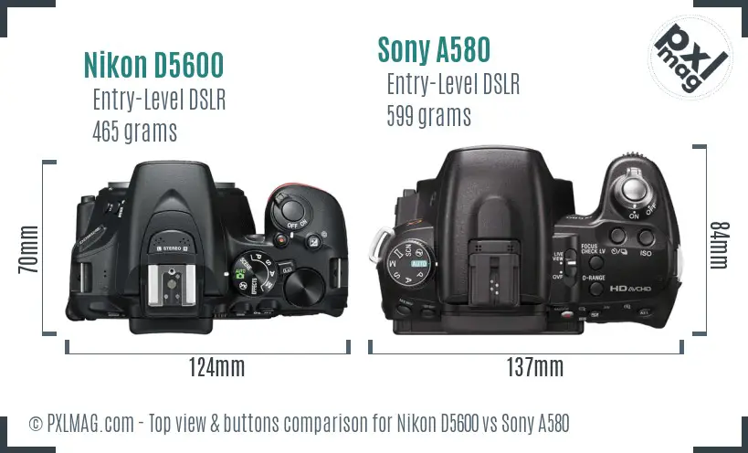 Nikon D5600 vs Sony A580 top view buttons comparison