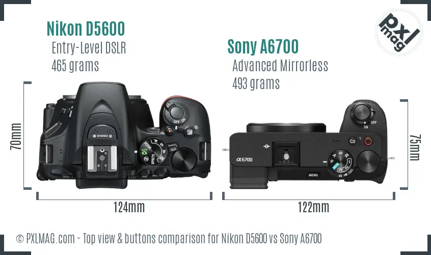 Nikon D5600 vs Sony A6700 top view buttons comparison Nikon D5600 vs Sony A6700 top view buttons comparison