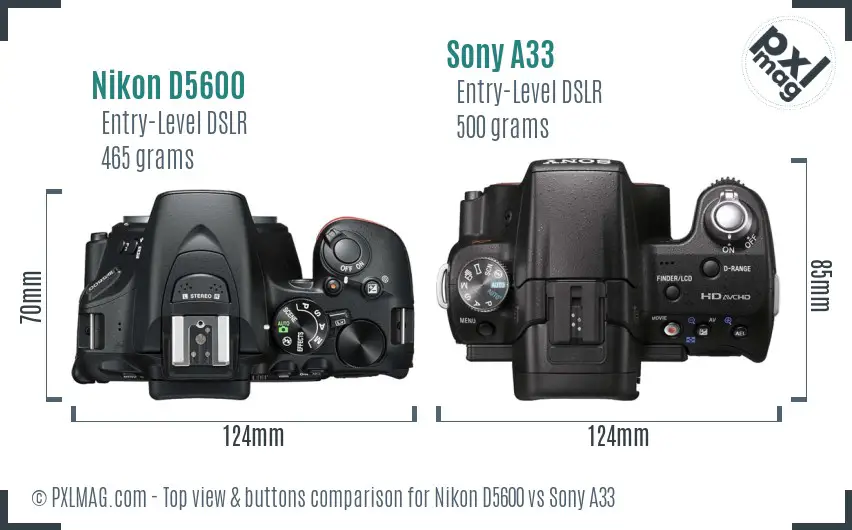 Nikon D5600 vs Sony A33 top view buttons comparison