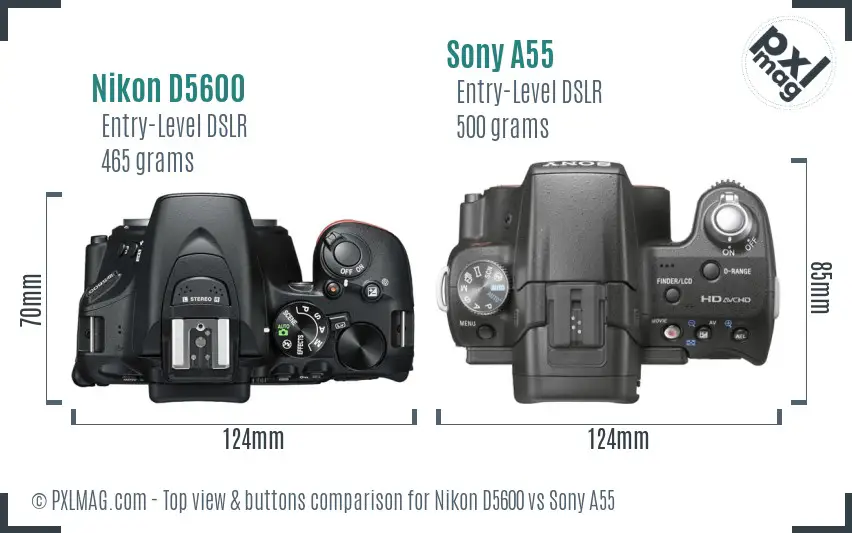 Nikon D5600 vs Sony A55 top view buttons comparison