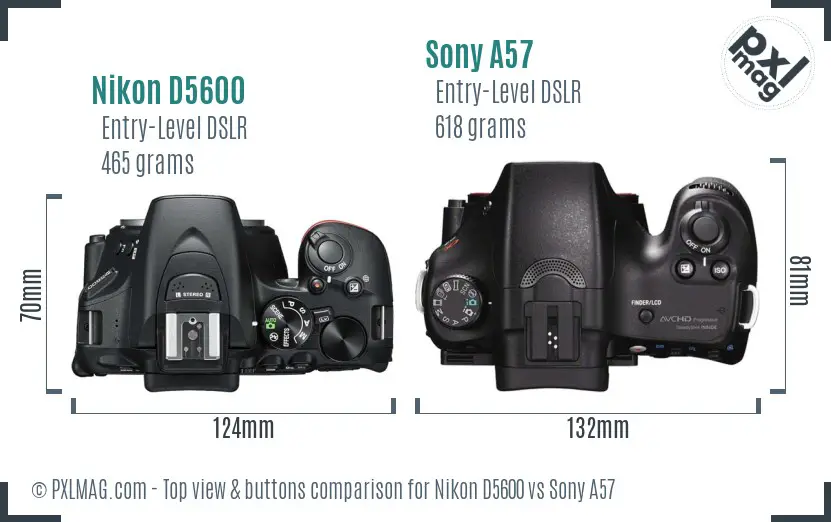 Nikon D5600 vs Sony A57 top view buttons comparison