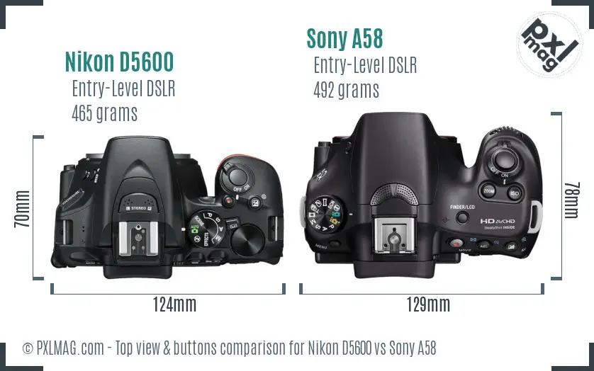 Nikon D5600 vs Sony A58 top view buttons comparison