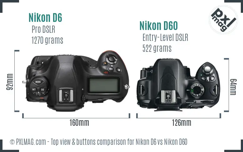 Nikon D6 vs Nikon D60 top view buttons comparison Nikon D6 vs Nikon D60 top view buttons comparison