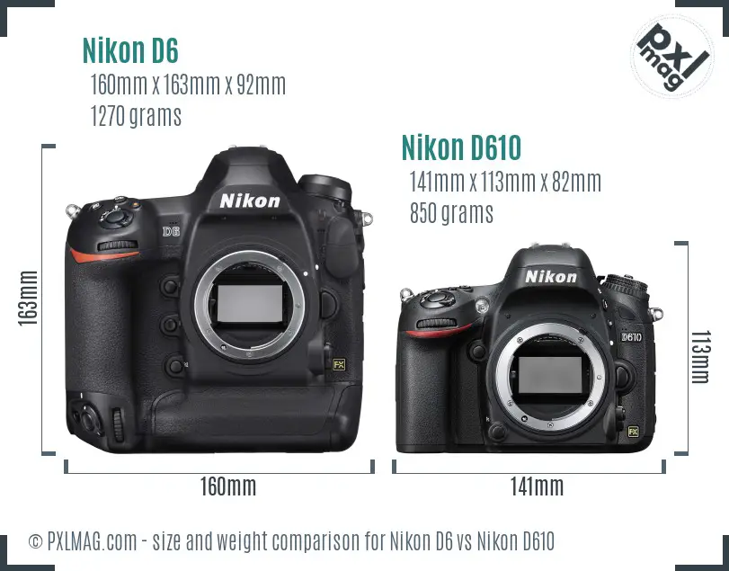 Nikon D6 vs Nikon D610 size comparison