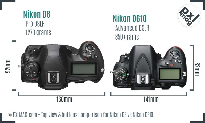 Nikon D6 vs Nikon D610 top view buttons comparison