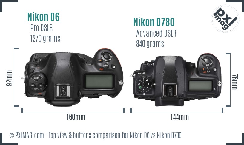 Nikon D6 vs Nikon D780 top view buttons comparison
