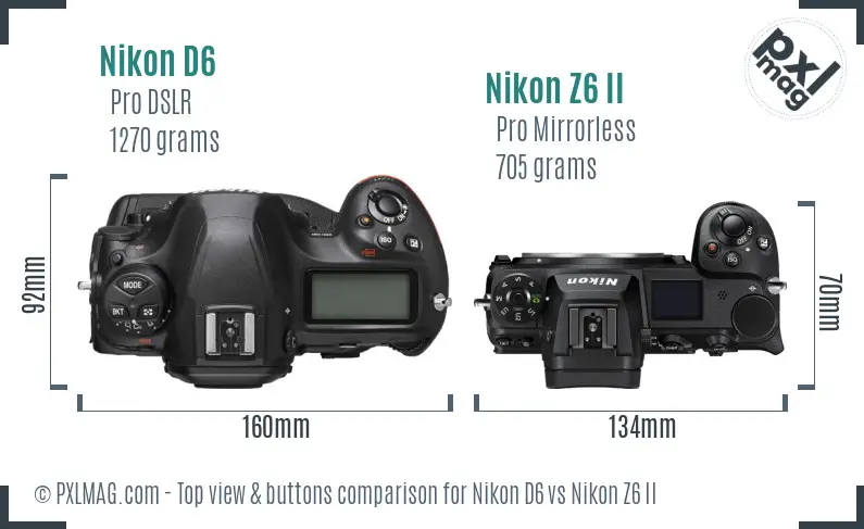 Nikon D6 vs Nikon Z6 II top view buttons comparison