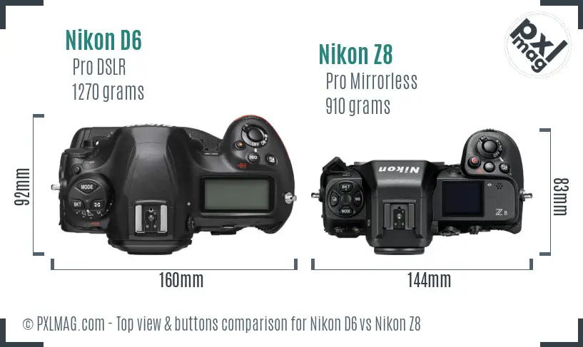 Nikon D6 vs Nikon Z8 top view buttons comparison