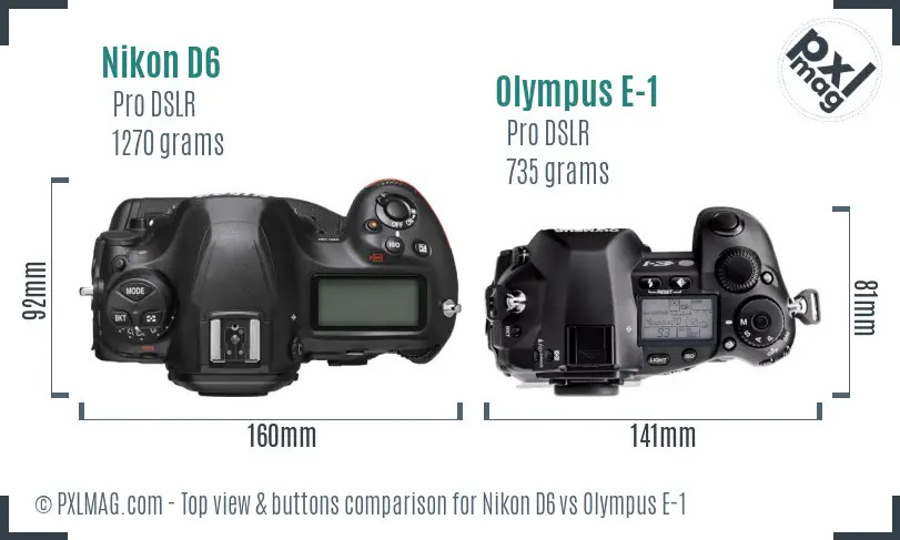 Nikon D6 vs Olympus E-1 top view buttons comparison