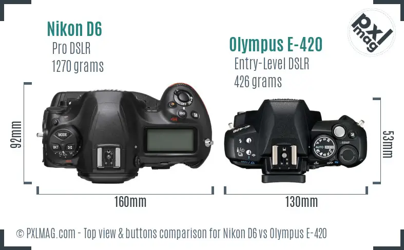 Nikon D6 vs Olympus E-420 top view buttons comparison Nikon D6 vs Olympus E-420 top view buttons comparison