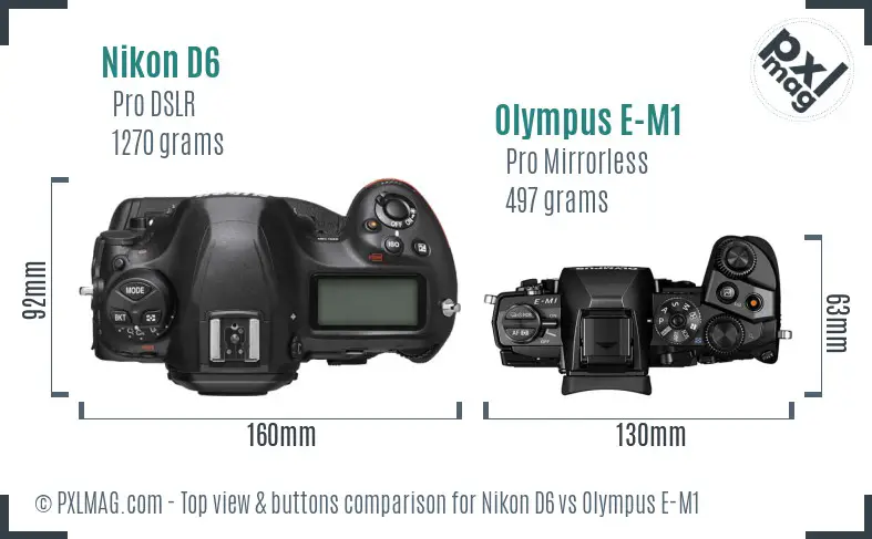 Nikon D6 vs Olympus E-M1 top view buttons comparison Nikon D6 vs Olympus E-M1 top view buttons comparison