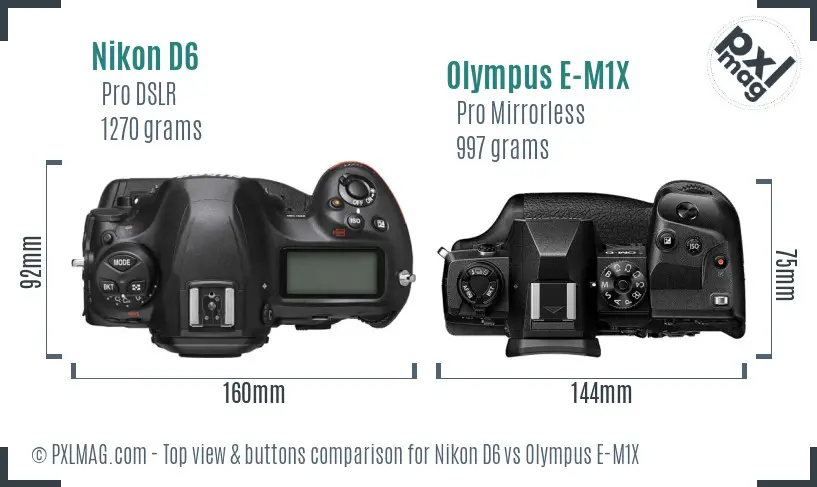 Nikon D6 vs Olympus E-M1X top view buttons comparison