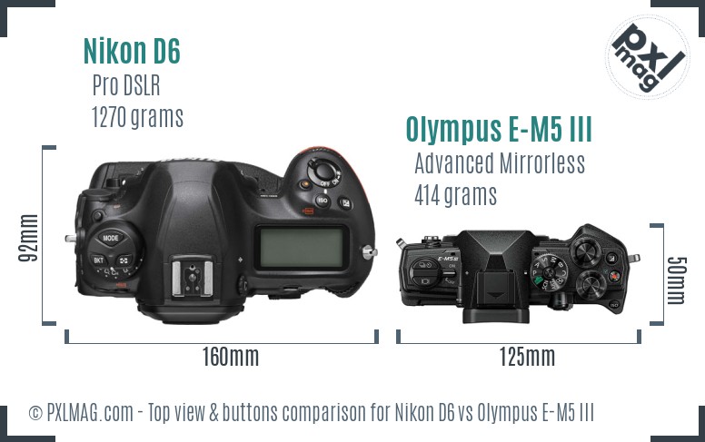 Nikon D6 vs Olympus E-M5 III top view buttons comparison