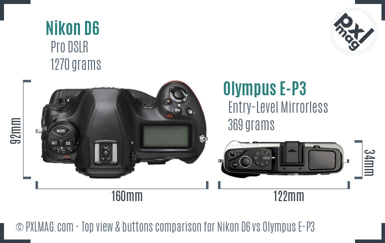 Nikon D6 vs Olympus E-P3 top view buttons comparison