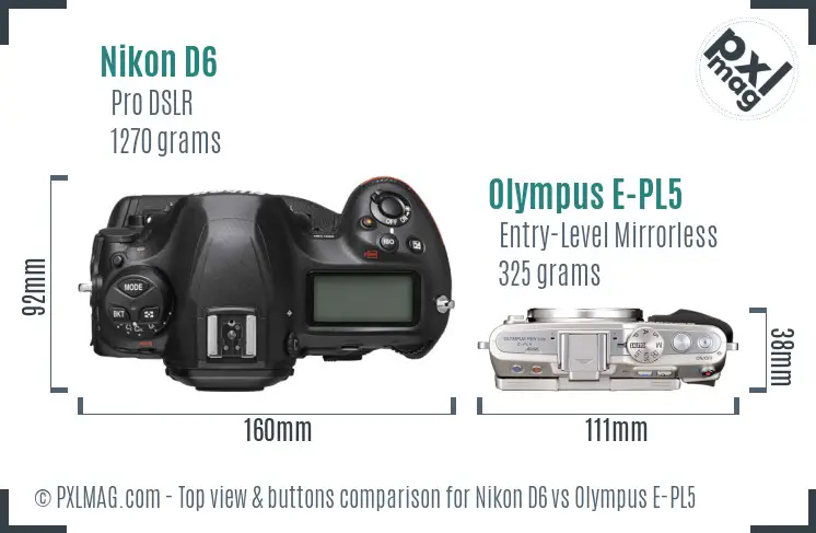 Nikon D6 vs Olympus E-PL5 top view buttons comparison