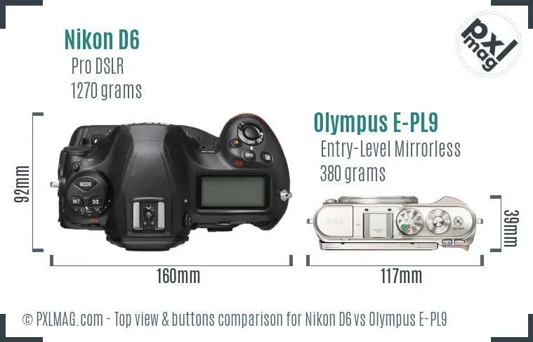Nikon D6 vs Olympus E-PL9 top view buttons comparison