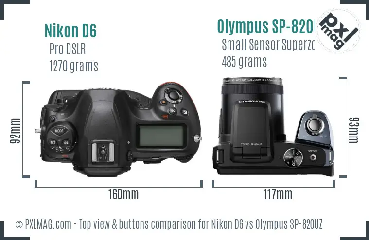 Nikon D6 vs Olympus SP-820UZ top view buttons comparison Nikon D6 vs Olympus SP-820UZ top view buttons comparison