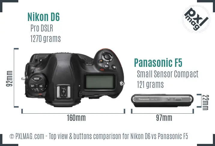 Nikon D6 vs Panasonic F5 top view buttons comparison Nikon D6 vs Panasonic F5 top view buttons comparison