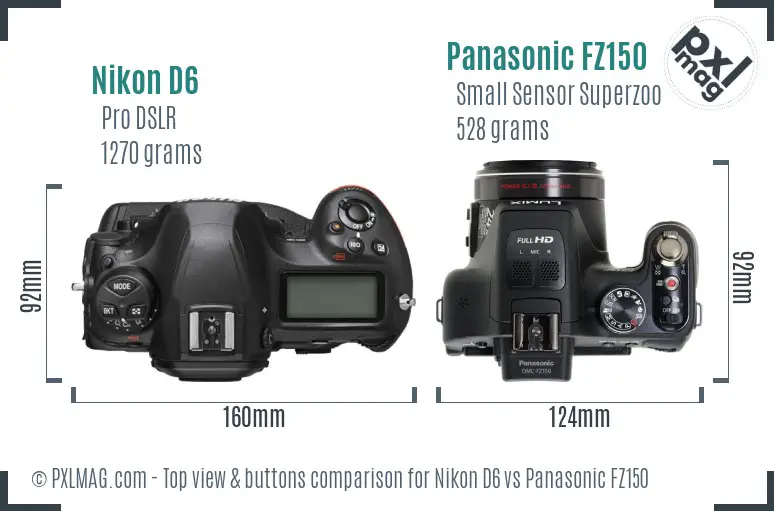 Nikon D6 vs Panasonic FZ150 top view buttons comparison