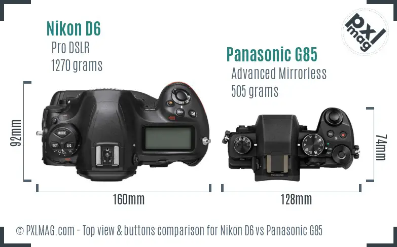 Nikon D6 vs Panasonic G85 top view buttons comparison