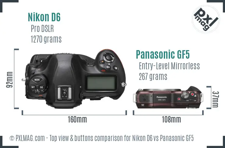 Nikon D6 vs Panasonic GF5 top view buttons comparison