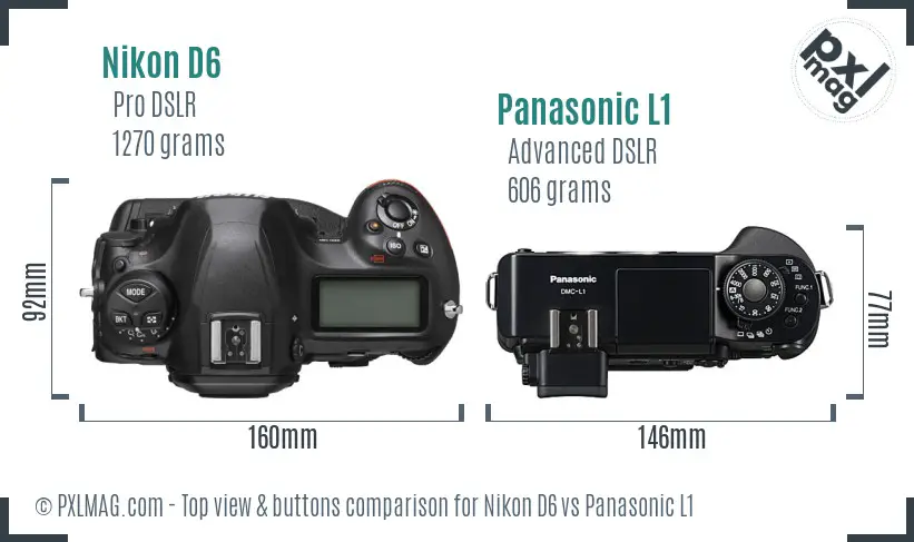 Nikon D6 vs Panasonic L1 top view buttons comparison Nikon D6 vs Panasonic L1 top view buttons comparison