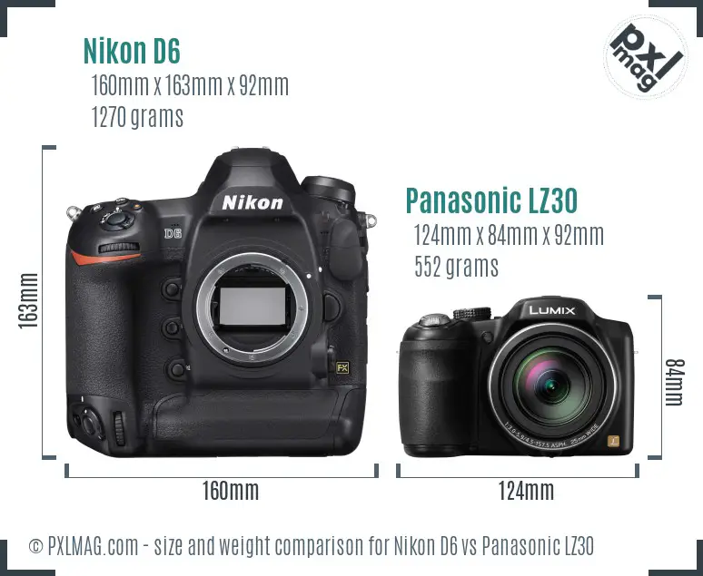 Nikon D6 vs Panasonic LZ30 size comparison Nikon D6 vs Panasonic LZ30 size comparison