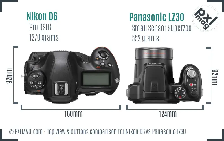 Nikon D6 vs Panasonic LZ30 top view buttons comparison Nikon D6 vs Panasonic LZ30 top view buttons comparison