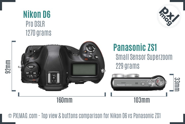 Nikon D6 vs Panasonic ZS1 top view buttons comparison
