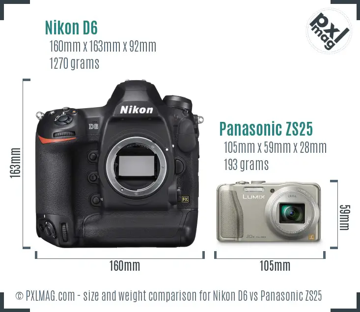 Nikon D6 vs Panasonic ZS25 size comparison
