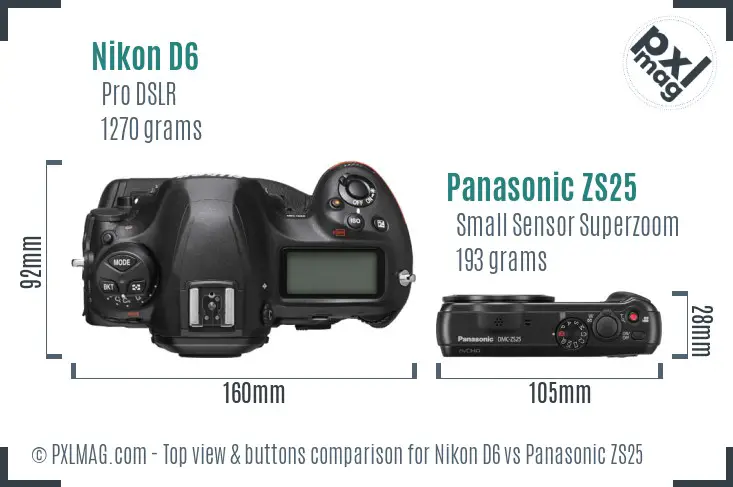 Nikon D6 vs Panasonic ZS25 top view buttons comparison