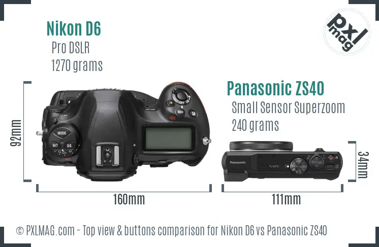 Nikon D6 vs Panasonic ZS40 top view buttons comparison