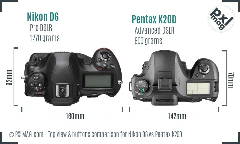 Nikon D6 vs Pentax K20D top view buttons comparison Nikon D6 vs Pentax K20D top view buttons comparison